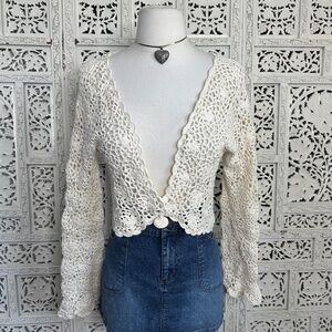 Sydney Easton Ivory Crochet Boho Prairie Cropped Bolero Cardigan Sz Medium